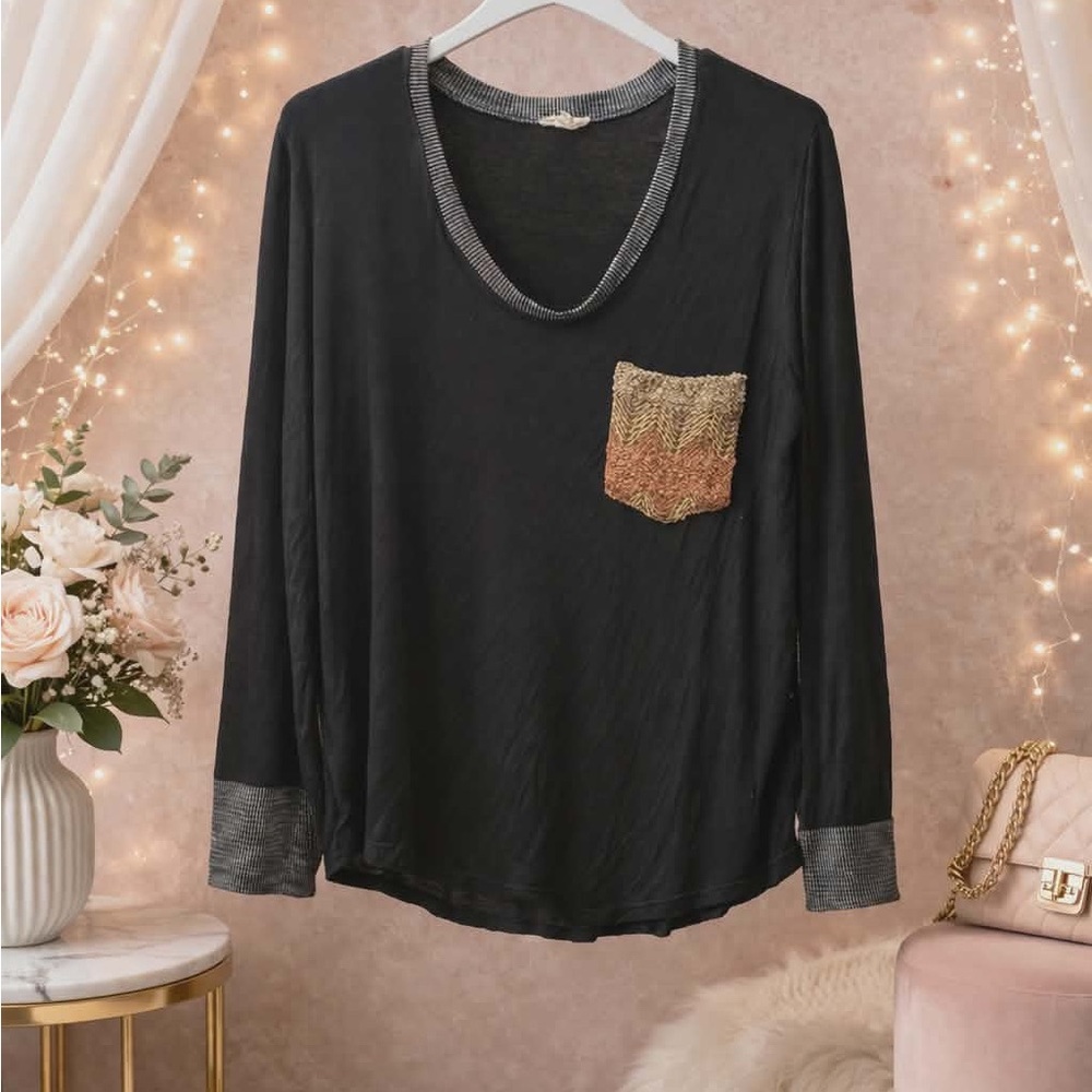 POL Black Long Sleeve Top with Gold-Tone Pocket
